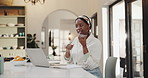 Black woman, laptop and speaker with phone in home for discussion, audio message or conversation. Female person, freelancer or remote work with mobile smartphone or computer for voice note in house