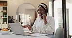 Headset, remote work and black woman on laptop in home for online help, virtual assistance or advice. Telecommunication, consultant and person on computer for customer service, support and contact us
