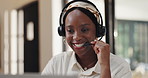 Headset, remote work and black woman on laptop in home for online help, virtual assistance or advice. Freelance, business consultant and person on computer for customer service, support or contact us
