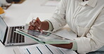 Remote work, employee and hands with tablet, home or accountant with documents for financial report. Bookkeeper, freelancer and browsing for asset management, paperwork and person with tech and above