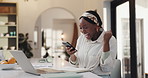 Remote work from home, smartphone and black woman with celebration, writer and email. African person, freelancer and entrepreneur with cellphone, laptop and excited with success and research funding