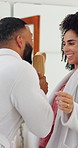 Couple, happy and singing with brush in bathroom, dancing and excited with voice, bonding and fun. People, woman and man with karaoke, song or playful with performance with morning routine at house