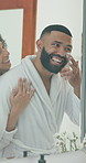 Smile, couple and mirror with lotion for skincare, beauty cosmetics and facial treatment in bathroom. People, hug and cream with sunscreen protection, apply moisturizer and collagen benefits at house
