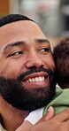 Happy, dad and man with baby, home and bonding with child, love or affection in living room or care. Single parent, father or person with infant in lounge, boy or smile for growth of newborn in house