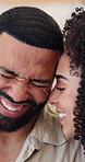 Happy couple, laughing and hug with love for bonding, funny joke or comedy together in home. Excited man, woman or smile with support, humor or embrace for meme, gossip or social connection in house