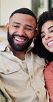 Happy, couple and selfie in lounge, love or profile picture for memory in home, app or social media. Bonding, man and woman with smile for photography, relax and post to announce relationship on web
