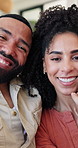 Happy, couple and selfie in lounge, face and romance with profile picture in house and social media. Bonding, man and woman with smile for photography, relax and post to announce relationship on web