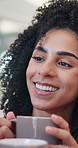Coffee, happy and woman in home in conversation for bonding, chat and talking to person. Living room, laugh and people with beverage, tea and drink for connection, relationship and relax together