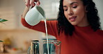 Smoothie, hands and woman with milk in blender for breakfast shake, healthy diet and gut health. Home, person and organic drink preparation for nutrition, vitamin benefits and meal replacement recipe