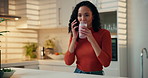 Woman, drinking smoothie or phone call in home for freelance nutritionist, meal planning or advice. Remote work, happy person and speaking to client for health tracking, review progress or discussion