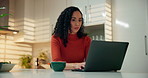 Laptop, coffee and woman in kitchen for remote work with creative career for publishing online. Computer, cappuccino and female copywriter with email for article with freelance job in apartment.