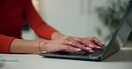 Hands, woman and typing on laptop in home for article research, editor feedback or story editing. Remote work, freelance journalist and tech in house for publication deadline, submission and planning