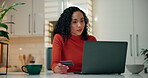 Credit card, laptop and online shopping with woman in kitchen of home for checkout or payment. Computer, ecommerce and purchase with internet customer in apartment for transaction or transfer