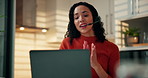 Woman, consultant and headset with laptop in home for online advice or customer service in kitchen. Female person, agent or remote work with computer for virtual assistance, help or support in house