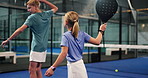 Sport, lesson and children with racket, fitness or training for padel tournament, talking or active. Athlete, boy and practice with girl for competition, growth or development of kids and wellness