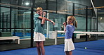 Brother, sister or stretching in padel court for preparation, tennis match or indoor sport. Teenager, siblings or help with warm up or getting ready in club for team practice, duo game or flexibility