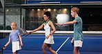 Court, lesson or padel with coach and kids at venue together for instruction, skill or technique. Exercise, fitness or sports with boy, girl and woman in club for course, development or learning