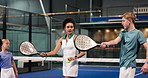 Court, lesson or padel with kids and woman at venue together for instruction, skill or technique. Exercise, fitness or sports with boy, coach and girl in club for course, development or learning