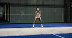 Training, tennis court and woman with padel for game, match and competition with health workout. Fitness, athlete and person with ball for practice, exercise and contest with tournament and challenge