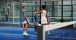 Kids, padel and high five with coach at court for training, support and motivation. Woman, sports and children talking to trainer for conversation, exercise or learning with success for development