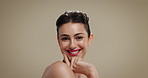 Beauty, face and smile of woman on studio background for cosmetics, dermatology or wellness. Facial, makeup and skincare with happy model on space for aesthetic cosmetology, results or satisfaction
