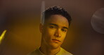 Beauty, face and flare with man in studio for cosmetics, masculine skincare or wellness. Ambience, confidence and vanity with serious model in artificial lighting for dermatology, grooming o hygiene