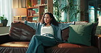 House, thinking and woman on sofa, relax and contemplation with reflection in living room. Apartment, homeowner and person on couch, happiness and comfort with break, planning day and daydreaming