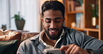 Phone, scroll and smile with man on sofa for communication, contact and social media. Networking, connection and swipe with person in living room of home for conversation, online forum and typing