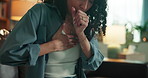 Hands, chest pain and cough on sofa with flu, infection and stress with fatigue, inflammation or tubercolosis. Person, breathing and respiratory illness with burnout, massage and recovery at home