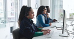 Headset, people and typing on computer in call center for virtual assistance, advice or tech support. Contact us, agent or help client with inbound query, network issue resolution and troubleshooting