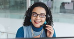 Call center, woman and customer service agent in office with headset for crm, assistance or helpdesk. Happy, mic and female tech support consultant with contact for business advisory in workplace.