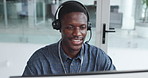 Call center, black man and customer service agent in office with headset for crm, assistance or helpdesk. Happy, mic and male tech support consultant with contact for business advisory in workplace.