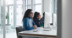 Headset, people and computer with talking in call center for virtual advice, help or tech support. Contact us, agent and guide client with inbound query, network issue resolution or online assistance