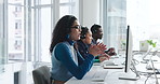 Business, woman and talk with computer at call centre for help, client inquiry and customer service. Person, headset and pc for feedback, telecom faq and information for problem solving for procedure