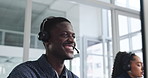 Microphone, computer and man with consulting in call center for online help, FAQ and tech support. Flare, friendly agent and advice to client for inbound query, troubleshooting and virtual assistance