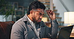 Home, confused and man with mistake, laptop and copywriting with email, shocked and choice. Person, freelancer and journalist with pc, doubt or decision with solution, planning or surprise with ideas