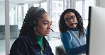 Business, people and talk with computer at call centre for help, guidance and customer service. Women, headset and pc with mentor feedback, telecom questions and problem solving advice for procedure