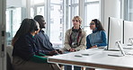 Break, conversation and support with friends in call center together for assistance or collaboration. Communication, talking and teamwork with group of business people in office for customer service