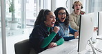 Computer, fist pump and surprise with friends in call center together for achievement or congratulations. Milestone, success and wow with business people in office for customer service feedback