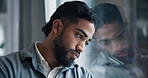 Depressed, thinking and business man by window with stress for failure, job loss and bankruptcy. Office, worker and person with upset, sad and worry for finance crisis, mistake and unemployment