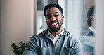 Crossed arms, smile and face of businessman in office with confidence for creative career. Happy, laughing and portrait of male copywriter from India with pride by window for job in workplace.