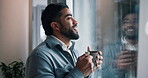 Coffee, thinking and businessman by window in office with ideas, reflection or lunch break. Cappuccino, memory and male copywriter with choice or decision for career development in workplace.