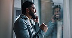 Business, window and man with celebration, phone call and excited with victory, app and investment. View, person and employee with cellphone, trading and bonus with winner, cheering and success