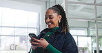 Smile, phone and typing with business woman in office for networking, social media and online news. Technology, communication and website with employee for mobile app, text message and internet