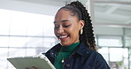 Design, laughing and tablet with business black woman in office for creative process or web development. App, funny and research with African website designer at work for user interface programming