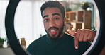 Happy man, face and influencer with ring light for video recording or live streaming in home. Portrait, male person and vlogger pointing in POV for content creation, subscription or online tutorial