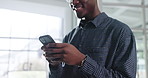 Hands, phone and business man in office for networking, text message or journalist with notification. Mobile, smile and worker check email with update, good news or publication approval on internet