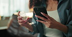 Hands, phone and pills on sofa with search for medicine, side effects or order prescription at home. Person, mobile application and container for drugs, pharma product or label for benefits at house