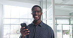 Face, business and black man with smartphone, smile and financial agency with message to contact. African person, employee and consultant in office, cellphone and texting with internet, app and email