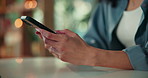 Woman, hands and typing with phone for research, social media or online connection in home. Closeup, female person or user with mobile smartphone for network, chatting or texting on table in house